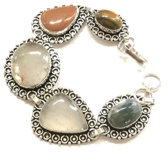 Artisan Ethnic Tribal Jewelry - Five BIG Gemstones Bracelet Moss Agate Sandstone Quartz Tiger’s Eye 8” Boho